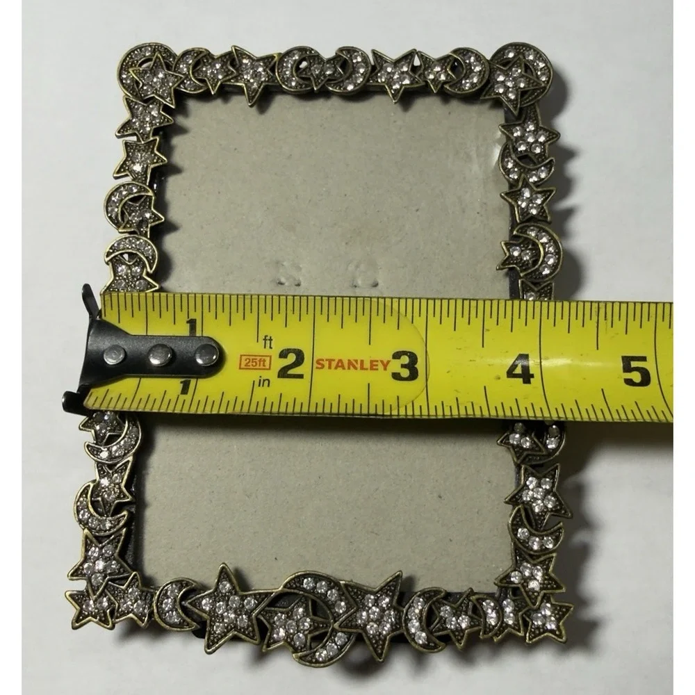 Vtg‎ Crystal Celestial Photo Frame Moon Stars Rhinestones Brass Metal Picture